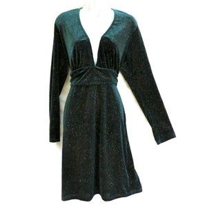 Vintage Bluebell Dress Emerald Green Velvet Velour Silver Glitter Holiday XL